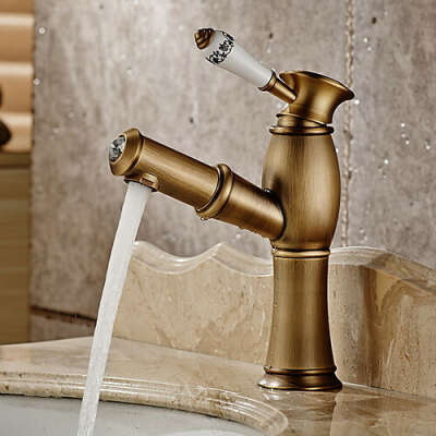 Antique Brass Pull Out Single Handle One Hole Bathroom Sink Faucet - FaucetSuperDeal.com