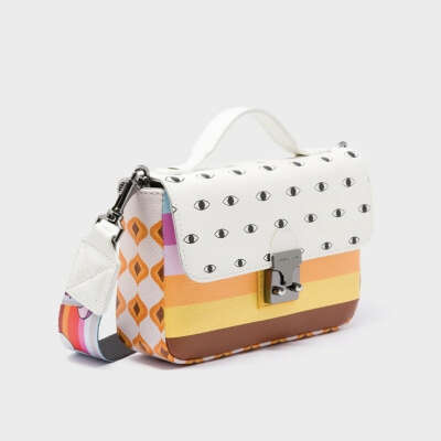 Amantis Cream And Marigold Leather Crossbody Mini Handbag - Groovy Rainbow Design