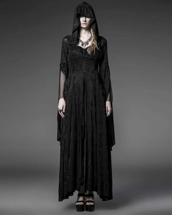 Punk Rave Gothic Hooded Jacket Cloak Womens Black Long Coat Steampunk Dress