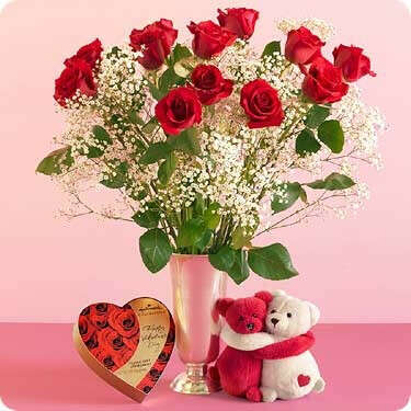 1 dz Red Roses W/ Chocolate & Hug Bear