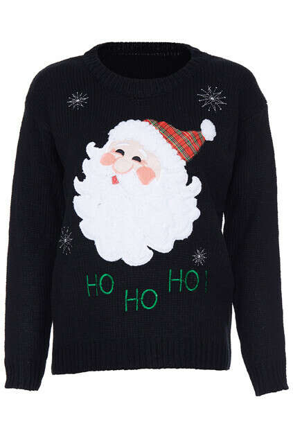 Santa Claus Stitching Long-sleeved Black Jumper