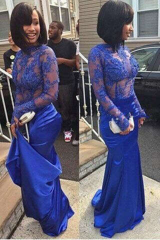 Mermaid Royal Blue Long Sleeves See Through Long Prom Dresses PFP0684