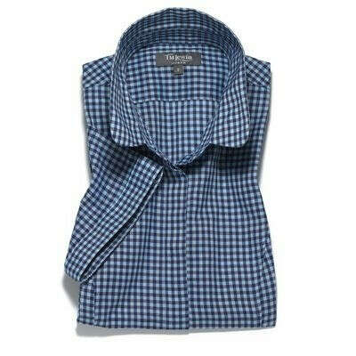 Cotton Linen Fitted Navy Check Shirt