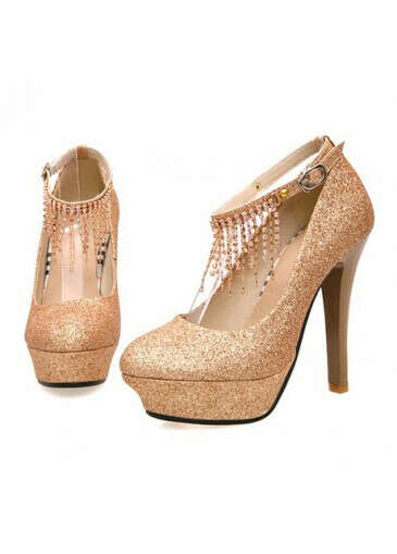 Glitter Ankle Strap Tassel Ornament Stiletto Heel Platform Gold Pumps For Women