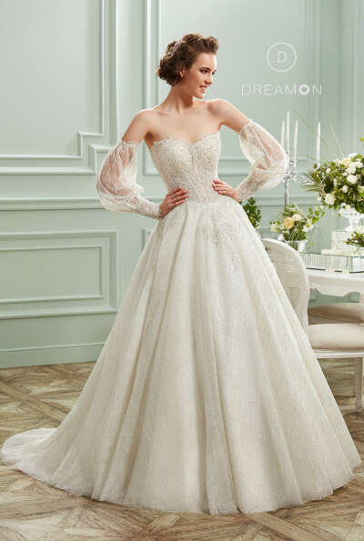 SEVDA – SILVERY STRAPLESS A-LINE WEDDING GOWN WITH REMOVABLE PUFFY SLEEVES