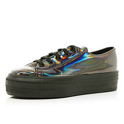 Silver holographic lace up flatforms