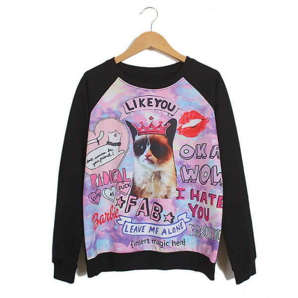 Crown Kitty And Cartoon Letters Pattern Cotton Blend Color Matching Sweater For Women