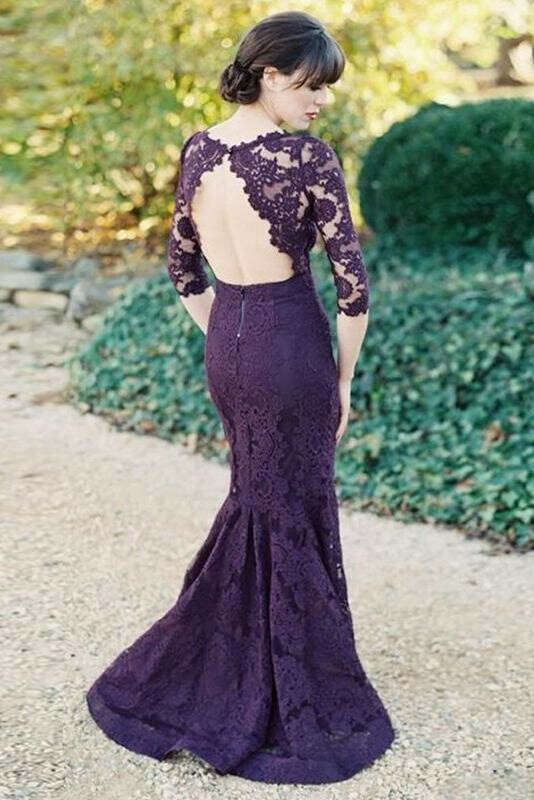 Gorgeous Half Sleeves Mermaid Long Purple Lace Open Back Bridesmaid Dress PFP0888