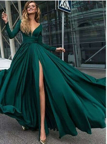 Long Sleeves Emerald Green Evening Prom Dresses, Cheap Sweet 16 Dresses, 18305