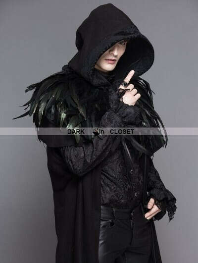 Devil Fashion Black Gothic Removable Dark Green Feather Hooded Cape for Men