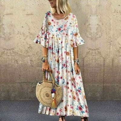 Women Dress Beach Loose Floral Print Party Dress Short Sleeve Round Neck