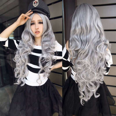 new sexy harajuku curly wave long gray hair wig women cosplay party full wigs