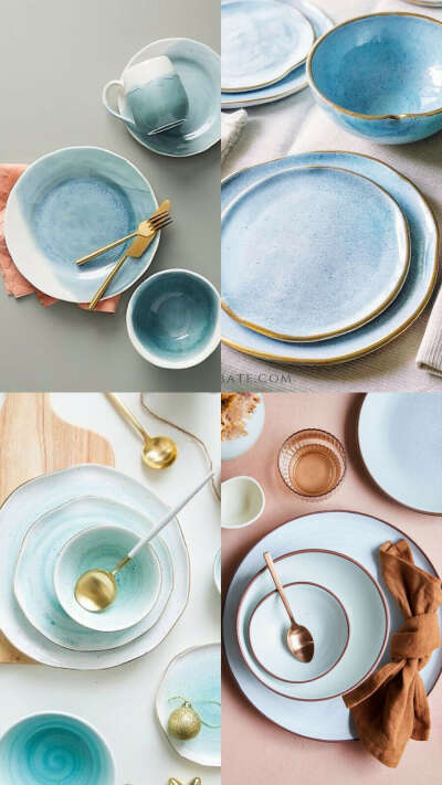 Красивый матовый голубой набор посуды