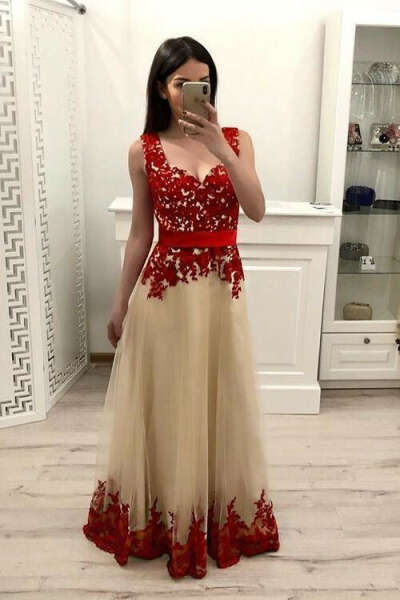 A Line Tulle Long Prom Dress With Red Appliques,Junior Party Prom Dresses PFP0644
