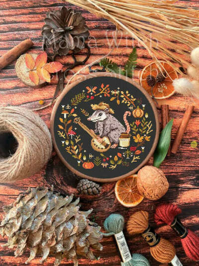 Possum cross stitch pattern, Opossum Cross Stitch, Fall cross stitch, kitchen cross stitch, Autumn cross stitch, mushroom, floral wreath