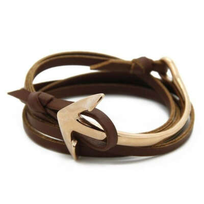 NAUTICAL HALF CUFF ANCHOR WITH BROWN LEATHER WRAP BRACELET