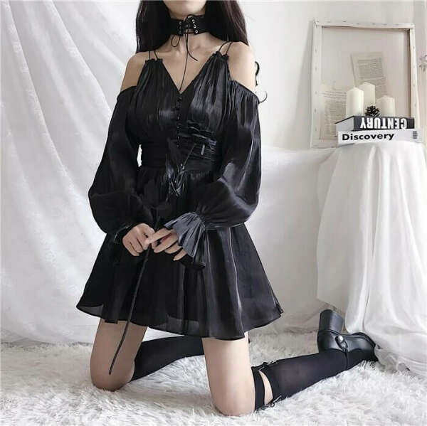 DOUBLE SHOULDER STRAP LANTERN SLEEVE DRESS