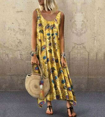 Women Summer Floral Sexy Sleeveless Boho Sundress Loose Kaftan Midi Dress Plus