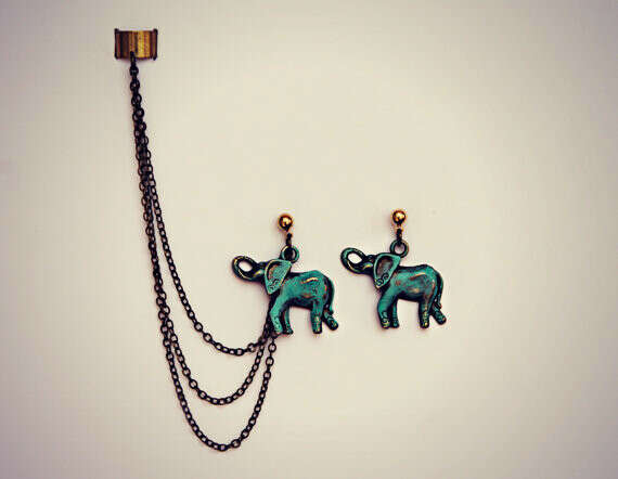 patina elephant ear cuff earrings, chains ear cuff, elephant earrings, ear cuff with chains