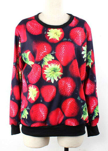 Lady Style Round Neck Long Sleeve Strawberry Print Sweats