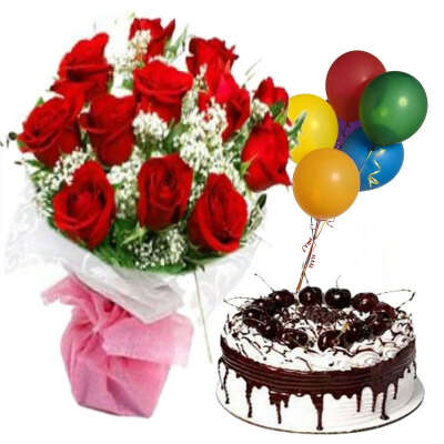 A bunch 12 red roses,5 balloons and 1 kg black forest cake