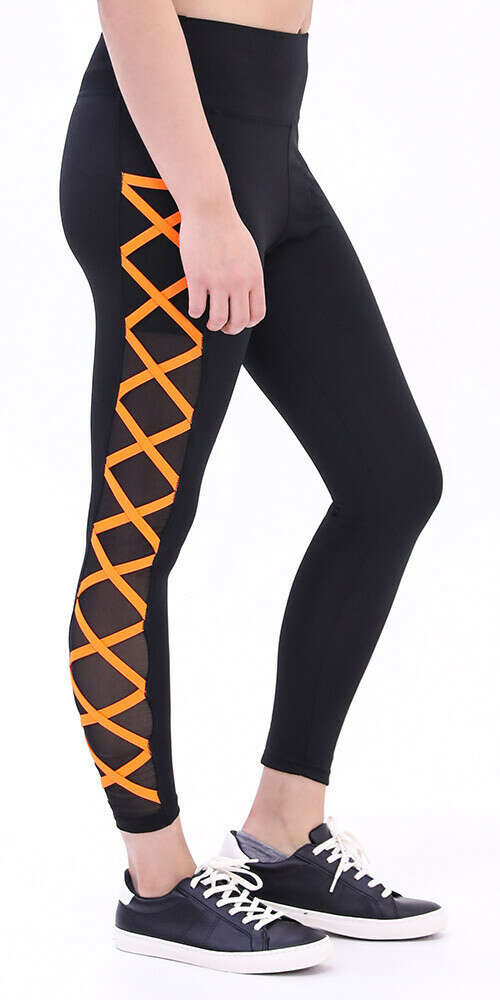 High Waisted Black Tight with Orange Criss-Crossing Side-Mesh Panel - Leggings Park