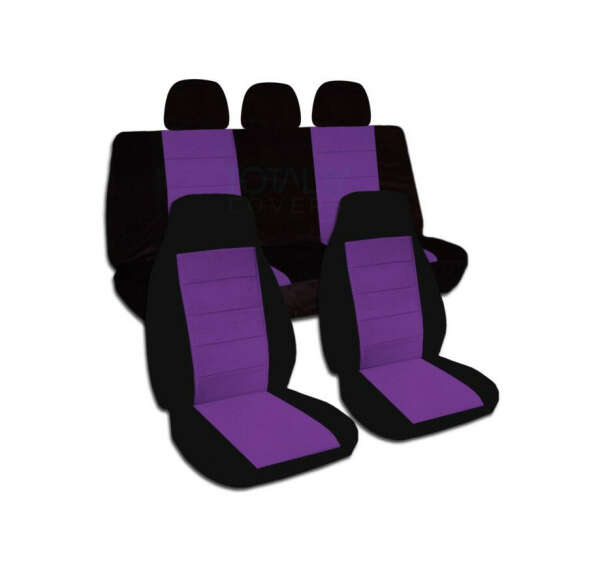 Two-Tone Car Seat Covers with 3 Rear Headrest Covers: Black & Purple - Full Set