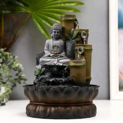 Фонтан настольный от сети "Серый будда и фонтан из бамбука" 28*20,5*20,5 см