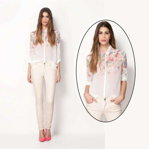 New Lapel Collar Button Flowers Chiffon Long Sleeve Women Shirt Tops Blouses Z33
