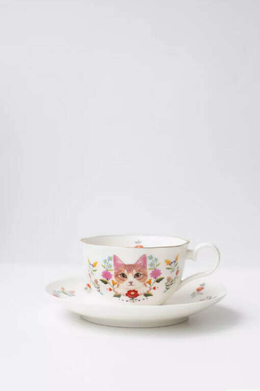 Чайная пара набор блюдце и чашка с котиком
