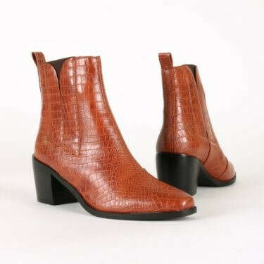 RAID AMALIA Block Heeled Western Boot in Tan Patent Croc