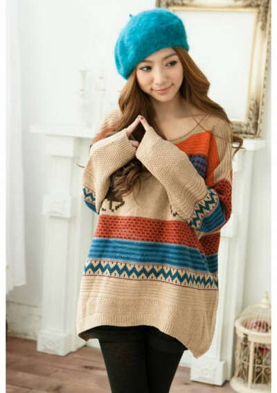 Cute Deer Patterns Long Sleeve Color Block Stripes Sweater For Women