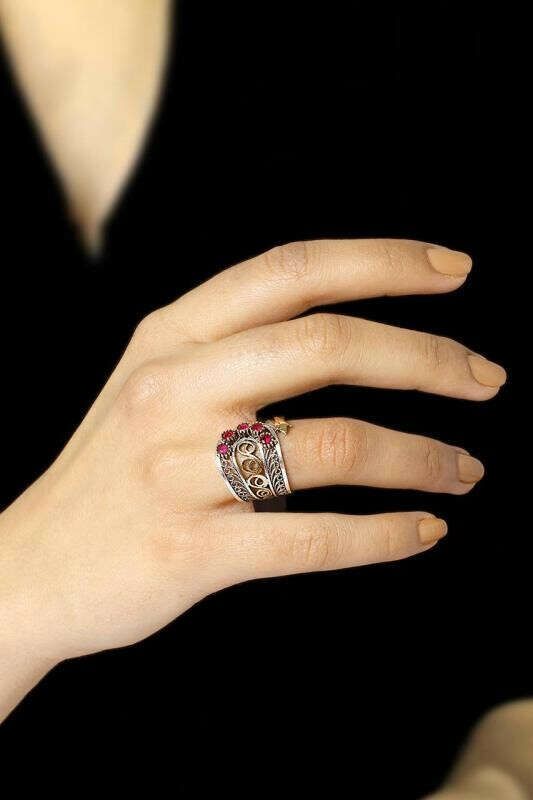 Filigree Sterling Silver Ring with Root Ruby Stone 2508