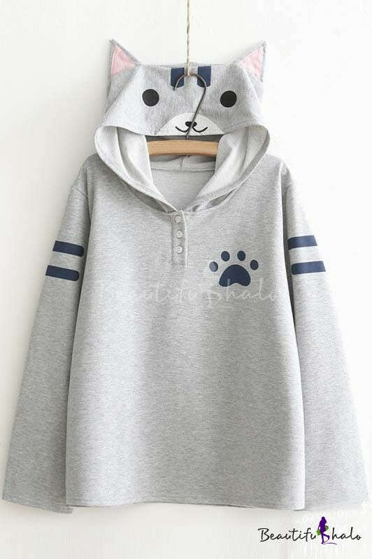 Women&#039;s Cute Cat Print Long Sleeve Loose Casual Pullover Hoodie