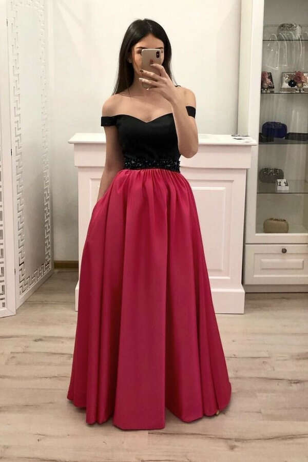 Hot Pink Satin Long Prom Gown With Pockets, Simple Beaded Evening Dresses With Black Top PFP0645