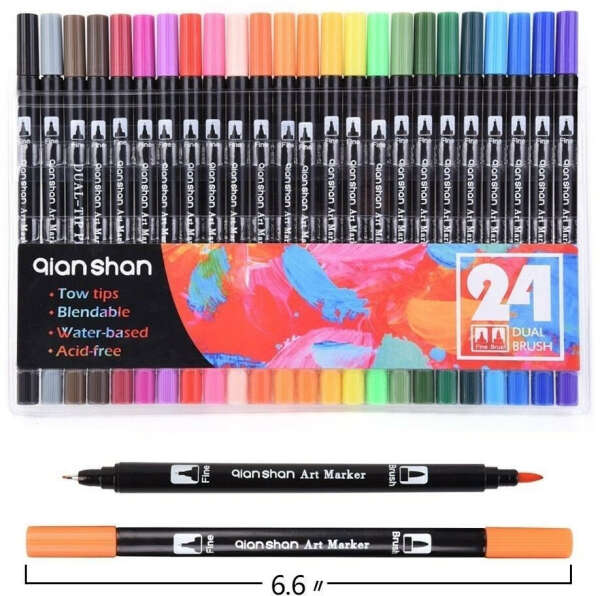 Dual Tip Brush Pens Crazy Art Markers, 0.4mm Fine liners Colored Set 24Colors