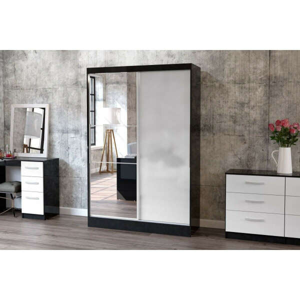Modern 2 Sliding Door Wardrobe with Mirror in Black High Gloss