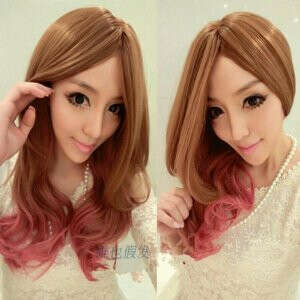 Brown+Pink Color Fashion Style Womens Girls Sexy Long Full Hair Wig Curly Wavy New