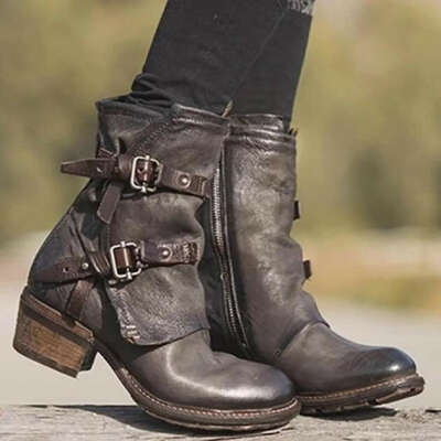Euramerican Buckle Chunky Heels Lovers Motorcycle Boots Ankle Boots