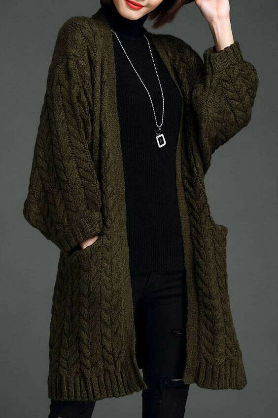 Green cable knit wool cardigan.