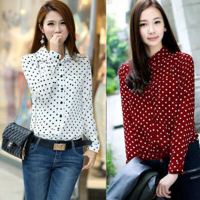 Fashion Womens Polka Dots OL Shirt Chiffon Blouse Long Sleeve Top T-Shirt S-XXL