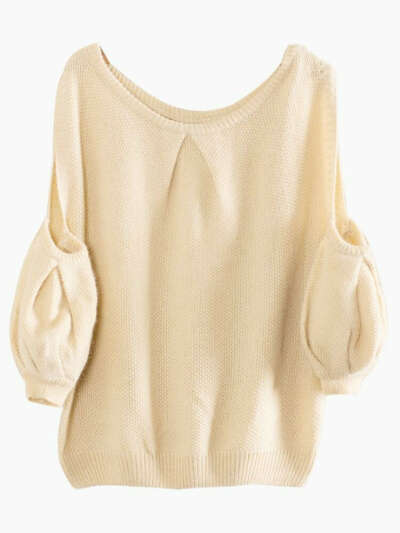 Beige Cold Shoulder Jumper With Puff Sleeves - Choies.com