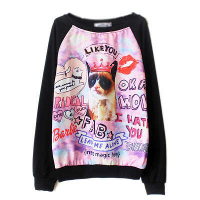 Women Harajuku Style Cute Cat Print Sweater Tops Long Sleeve Pullover Tracksuit