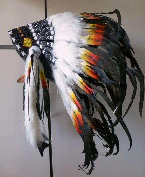 Red Black and white Indian Feather Headdress / warbonnet double feather (30 inch / 75 cm)