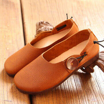 Button Genuine Leather Soft Sole Slip On Comfortable Flat Shoes