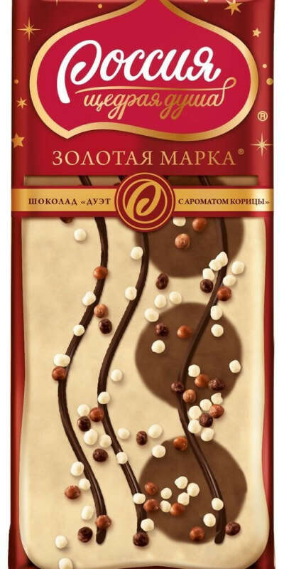 Шоколад Россия-Щедрая душа! Золотая Марка Дуэт с корицей, белый шоколад с корицей и кусочками печенья
