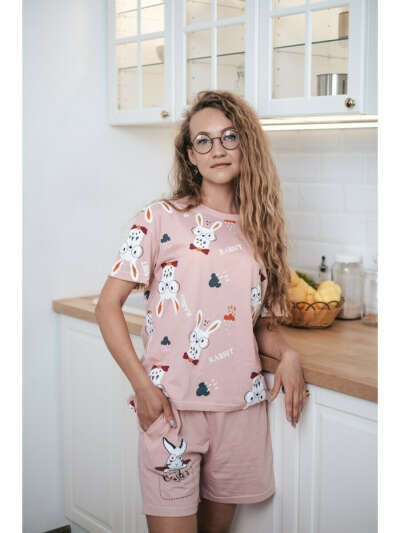 Пижама парная женская/розовая зайчики/короткие рукава, Y&KS