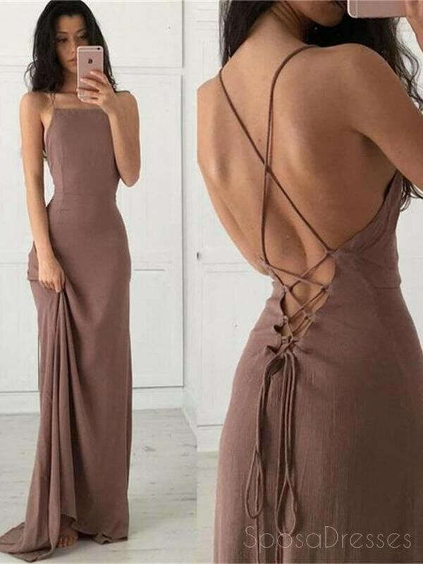 Simple Sexy Custom Long Cheap Brown Spaghetti Straps Evening Prom Dresses,PD0154