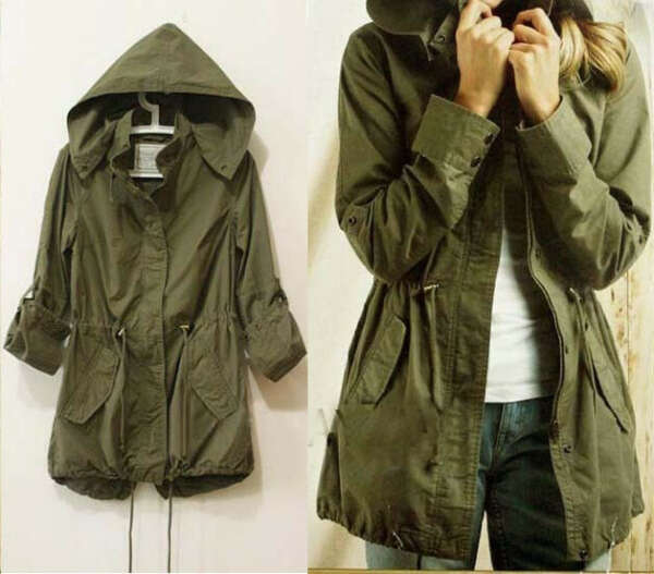 NEW Womens Hoodie Drawstring Army Green Military Trench Parka Jacket Coat GT7870