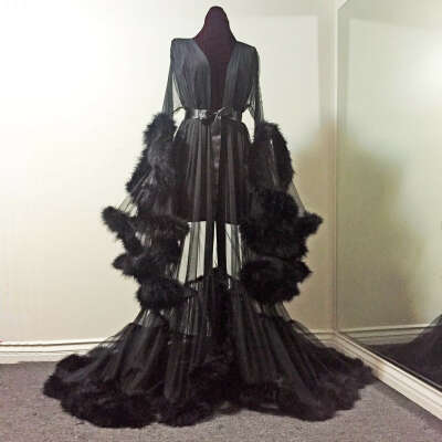 "Cassandra" Sheer Black Marabou Dressing Gown
